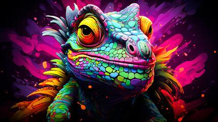 Obraz premium neon chameleon scaly body with vibrant rainbow colors, red eyes.