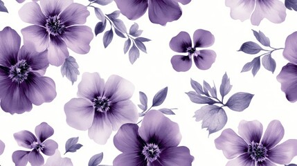 Seamless floristics featuring purple flowers on a white background