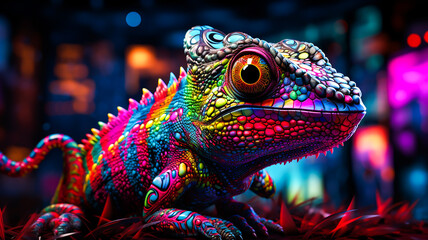Obraz premium neon chameleon scaly body with vibrant rainbow colors, red eyes.