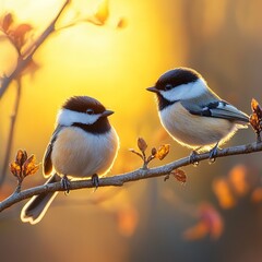 Fototapeta premium Two chickadees perched on a branch nature scene evening golden glow close-up view serenity in wildlife