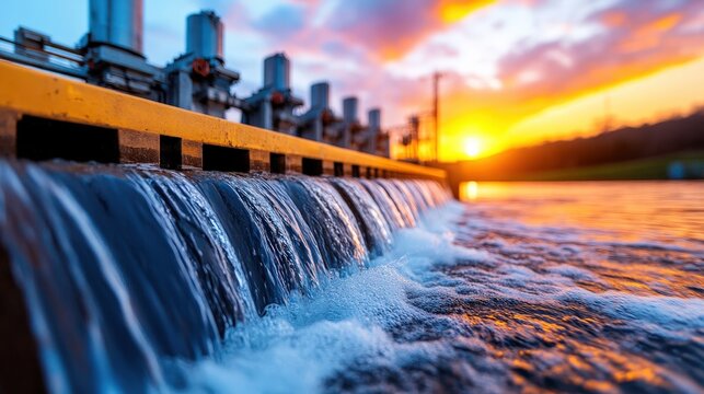 A serene image of water cascading over a dam, captured beautifully against a vibrant sunset backdrop, evoking a sense of tranquility and the power of nature.