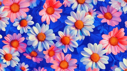 Fototapeta premium Seamless floral pattern featuring bright daisies on a vibrant blue background ideal for textiles and wallpaper applications