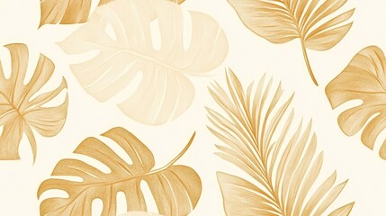 Tropical Leaf Outline Jungle Leaf Wallpaper Golden Botanical Leaf Watercolor Tropical Pattern Seamless Beige Leaves Pattern Isolated Cream Tropical Leaves