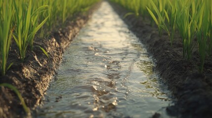 A close-up view of a water channel flowing through a field of young rice plants.