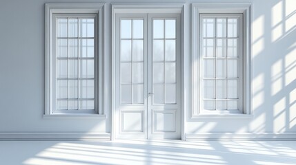 Obraz premium White room with three windows and a door, sunlight streaming through.
