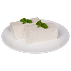 Two blocks of tofu on a white plate isolated transparent