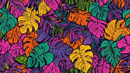 Bright Exotic Leaves Seamless Pattern Featuring Colorful Tropical Plants Stylish Hand Drawn Zentangle Design for Surface Textile Fabric and Linen