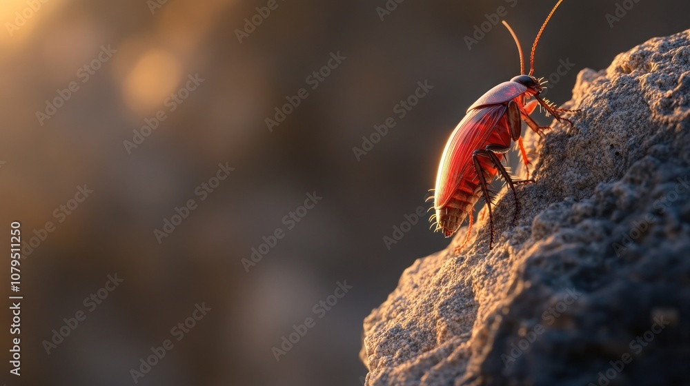 Poster a red cockroach perched on a rock with a soft golden glow in the background.