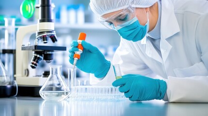 Fototapeta premium Medical scientist in protective suit conducts precise experiments using pipette in laboratory environment for improved research outcomes