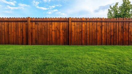 Fototapeta premium Rustic Wooden Fence with Vibrant Green Grass Under a Clear Blue Sky, Ideal for Outdoor Spaces and Landscaping Projects in Residential Areas