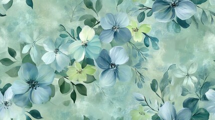 Seamless floral raster pattern with soft design Endless texture for wrapping textiles and paper in green blue and gray tones