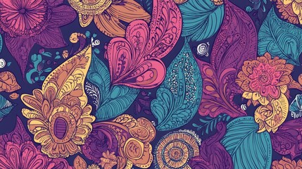 Colorful tracery seamless pattern featuring intricate mehndi designs and ethnic doodles perfect for textile and background applications