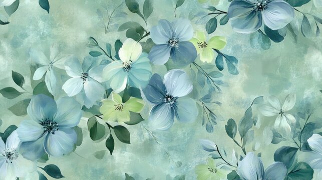 Seamless floral raster pattern with soft design Endless texture for wrapping textiles and paper in green blue and gray tones