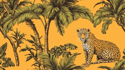 Seamless tropical pattern featuring hand drawn palm trees and Asian leopards perfect for textile and wallpaper design
