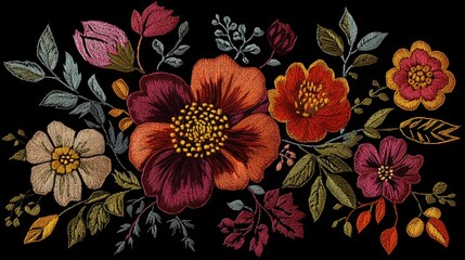 Elegant floral embroidery pattern featuring intricate flowers on a dark background perfect for fashion products and fabric printing