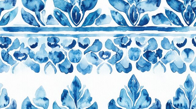 Original Watercolor Texture Santorini Pattern Vintage Stylish Tiling Folk Embroidery Border Batik Watercolor Seamless Aqua Geo Motifs Template