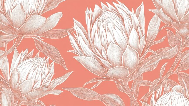 Hand drawn seamless pattern of king protea flowers in white line art against a soft pink background perfect for textile design and home decor