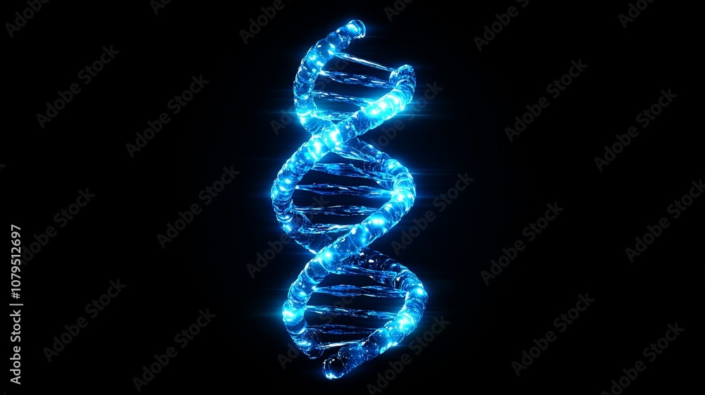 Poster a visually striking 3d blue dna helix icon crafted for an animated intro, representing innovation an