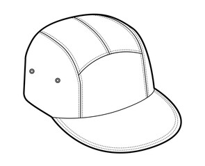 Camper Five Panel Cap Hat. Summer Head Fashion accessory clothing technical illustration. Vector headgear for Men, women, unisex style, flat template CAD mockup sketch outline isolated
