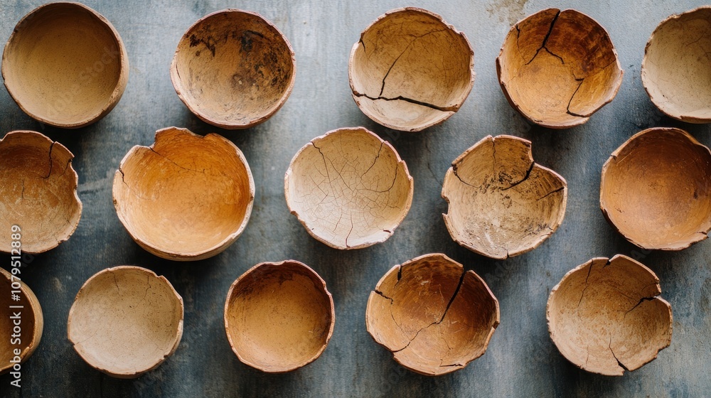 Poster a collection of rustic wooden bowls arranged in a pattern on a gray background.