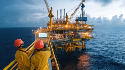 Workers secure cargo on oil rig deck ensuring team safety and efficiency in offshore operations