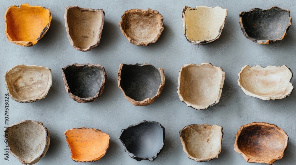 Poster a collection of 15 broken ceramic bowls in various colors arranged in a grid pattern on a gray backg