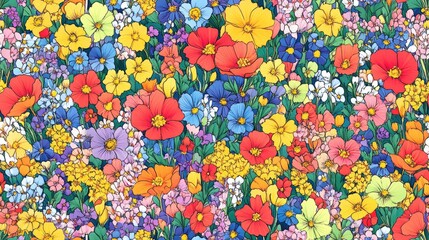 Artistic floral backdrop featuring a hand drawn seamless pattern of wildflowers