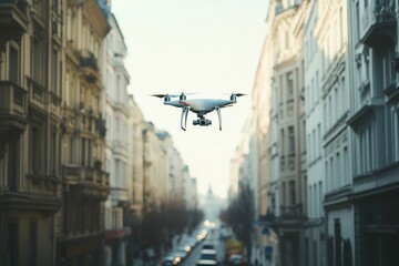 Naklejka premium A drone hovering above a city street, capturing aerial footage of the urban landscape.