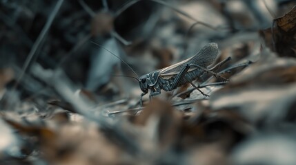 A close-up shot of a grasshopper on a bed of autumn leaves.