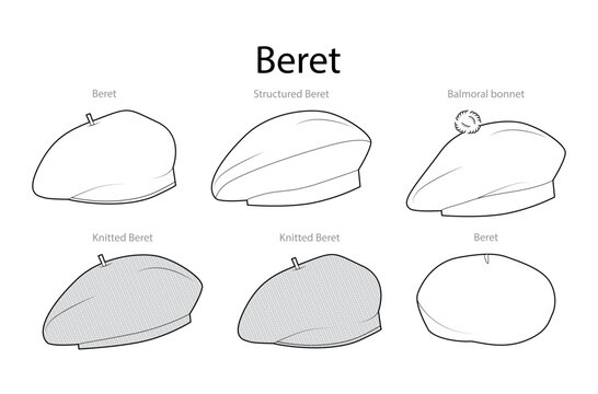 Set of Beret Hats with names - Structured Balmoral bonnet Knitted. Winter Head Fashion accessory cap clothing technical illustration. Vector headgear, flat template CAD mockup sketch outline isolated