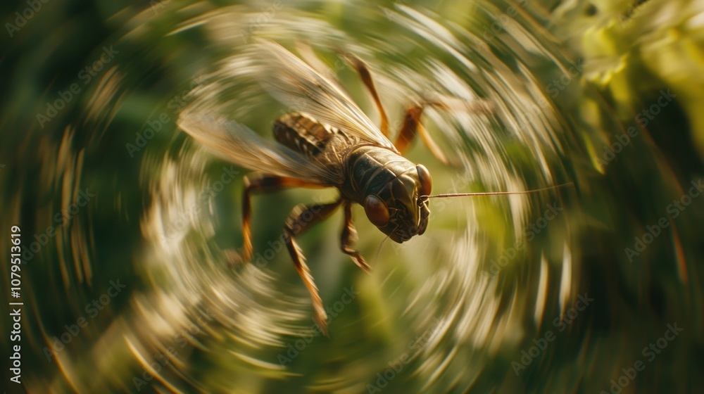 Aufkleber a close-up of a brown grasshopper with wings outstretched, blurred background creating a circular mo