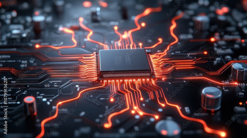 Poster close-up of a microchip on a circuit board with glowing connections.