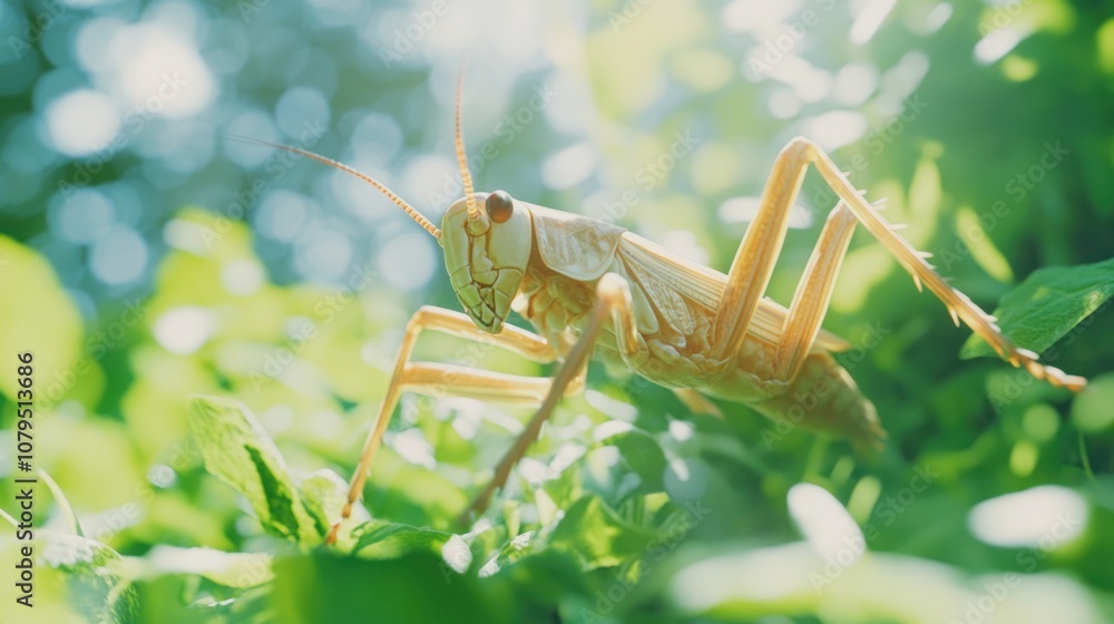 Poster a close-up of a grasshopper perched on a blade of grass with blurred background.