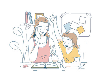 Daughter and mother doing homework. Woman and girl reading book together. Family preparing for test or examination. Education and training. Linear vector illustration isolated on white background