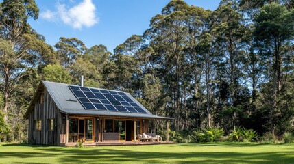 Modern House with Solar Panels in Lush Landscape