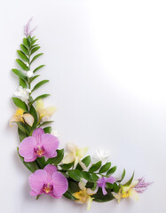 Fototapeta premium Fresh Orchid flower garland foliage on side position provides copy space for text. background concept isolated white