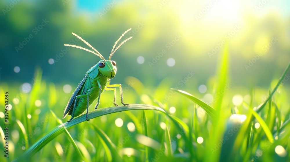 Poster a green grasshopper sits on a blade of grass in a field with a sunny, bokeh background.