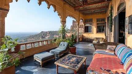 Scenic Indian Terrace with Vibrant Decor and View
