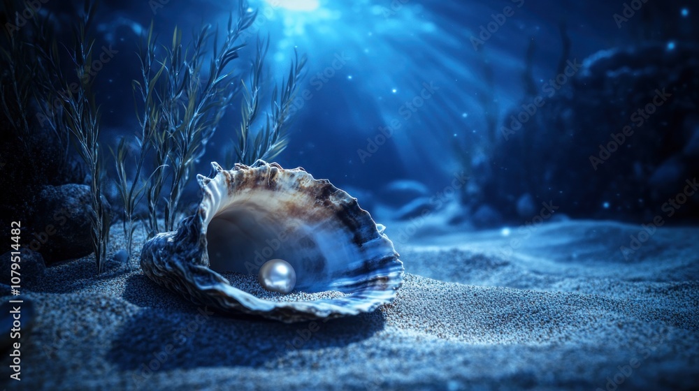 Poster a single pearl rests in an open seashell on the ocean floor, illuminated by sunlight filtering down 