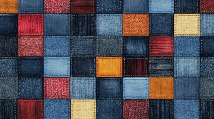 Fototapeta premium Seamless denim pattern featuring colorful squares on a blue jeans background textile design fashion and interior applications