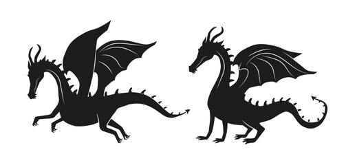 Naklejka premium Set of dragons silhouettes. Fictional character from fairy tale. Magic and Witchcraft. Imagination and fantasy. Scary monster and animal. Flat vector collection isolated on white background