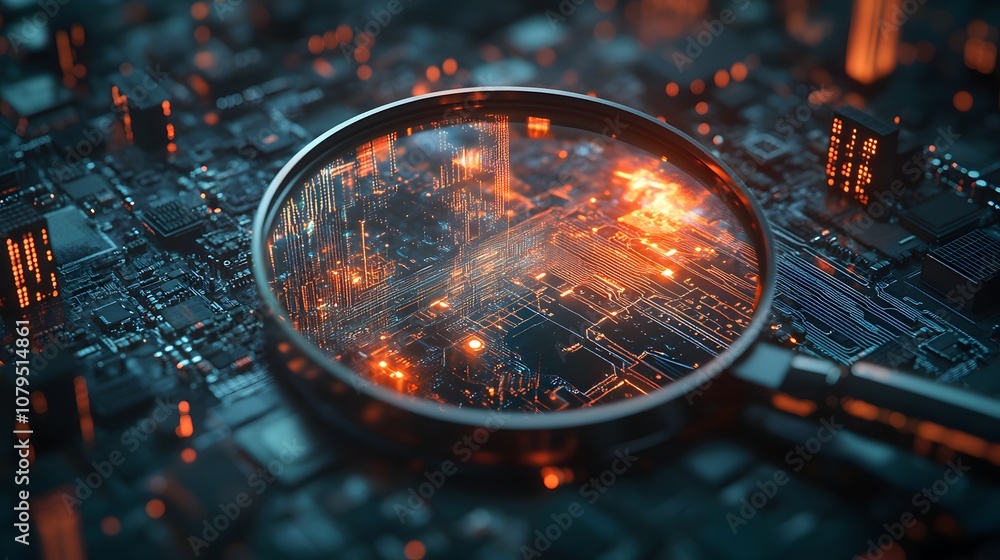 Poster a magnifying glass reveals the intricate circuitry of a computer chip, highlighting the complexity o