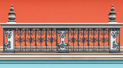 Ornate balcony railing against a vibrant orange wall.