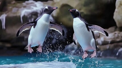 Obraz premium Two Penguins Jumping in Vibrant Splashing Water