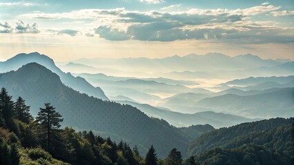 Fototapeta premium Misty mountain landscape with light gradient halftone dots grunge wide background, wilderness, nature