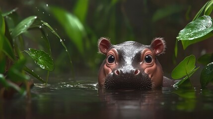 Fototapeta premium Hippo Emerging from Water Surrounded by Greenery