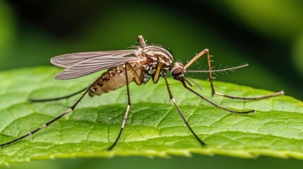 Fototapeta premium A close-up of a mosquito resting on a green leaf.