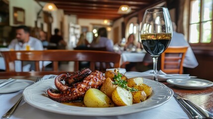 Grilled Octopus with Potatoes and Wine in Restaurant