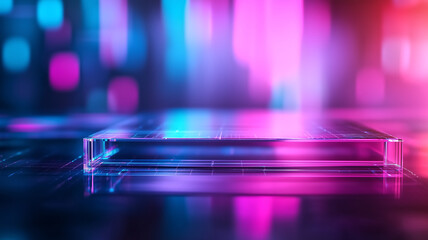 futuristic, glowing platform with vibrant pink and blue lights, creating digital atmosphere. Ideal for technology and design themes