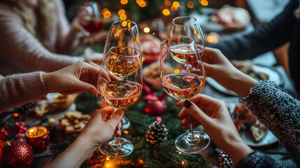 Obraz premium Close-up of hands toasting with champagne glasses at a party, people clinking wine glasses in a festive holiday celebration
